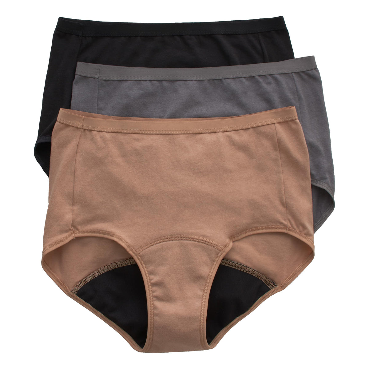 Hanes Women's Comfort, Period. Underwear, Moderate Leaks, Bikini, Boyshort Or Brief, 3-Pack, 3-Pack Brief, Neutrals, 10
