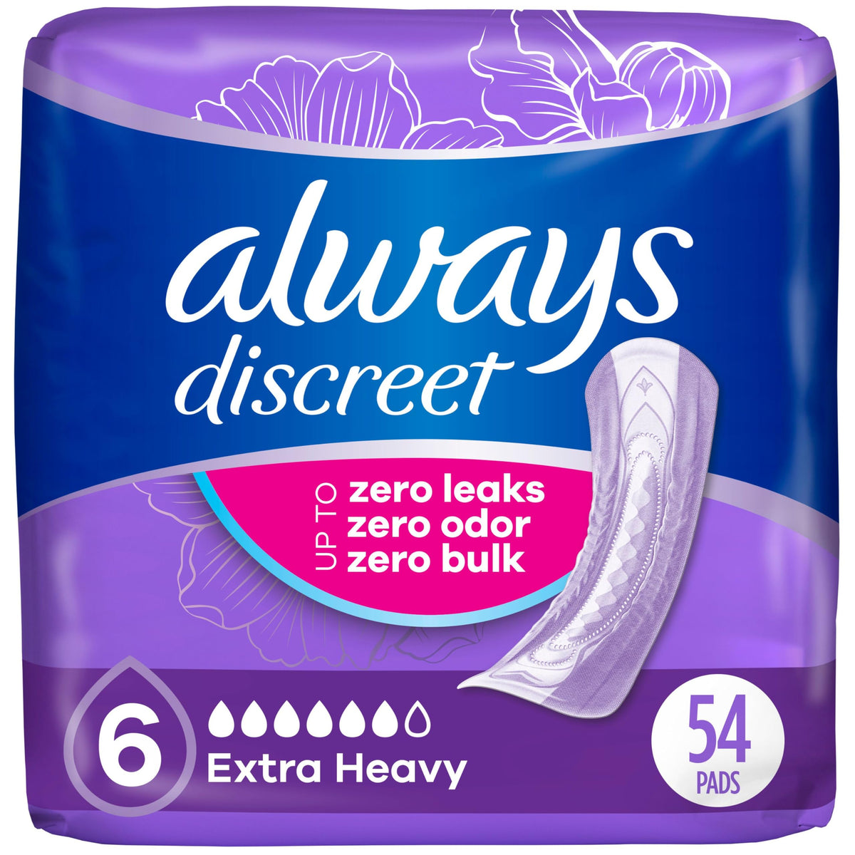 Always Discreet Adult Incontinence Pads for Women, Extra Heavy Absorbency, Regular Length, Postpartum Pads, Up to 100% Bladder Leak ProteCountion, 54 Count
