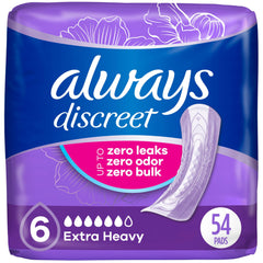 Always Discreet Adult Incontinence Pads for Women, Extra Heavy Absorbency, Regular Length, Postpartum Pads, Up to 100% Bladder Leak ProteCountion, 54 Count