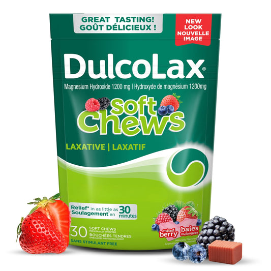 DulcoLax Soft Chews, Laxative for Gentle Occasional Constipation Relief For Adults and Kids Ages 12 and Over, Vegan, Stimulant-Free, Gluten-Free Laxatives, Mixed Berry, 30 Count