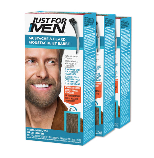 Just For Men Mustache & Beard, Beard Dye for Men with Brush Included for Easy Application, With Biotin Aloe and Coconut Oil for Healthy Facial Hair, Medium Brown, M-35 (3 Count)