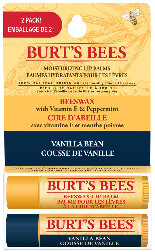 Burt's Bees 100% Natural Origin Moisturizing Lip Balm for Dry Chapped Lips, Get Soft and Hydrated Lips - Pack of 2 - Beeswax & Vanilla Bean