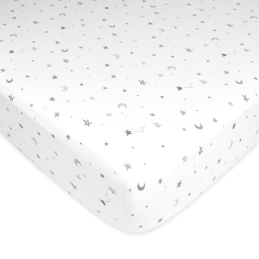 American Baby Company Printed 100% Cotton Jersey Knit Fitted Crib Sheet for Standard Crib and Toddler Mattresses, Grey Stars and Moon, for Boys and Girls 52x28x5 Inch (Pack of 1)