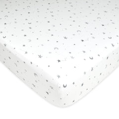 American Baby Company Printed 100% Cotton Jersey Knit Fitted Crib Sheet for Standard Crib and Toddler Mattresses, Grey Stars and Moon, for Boys and Girls 52x28x5 Inch (Pack of 1)