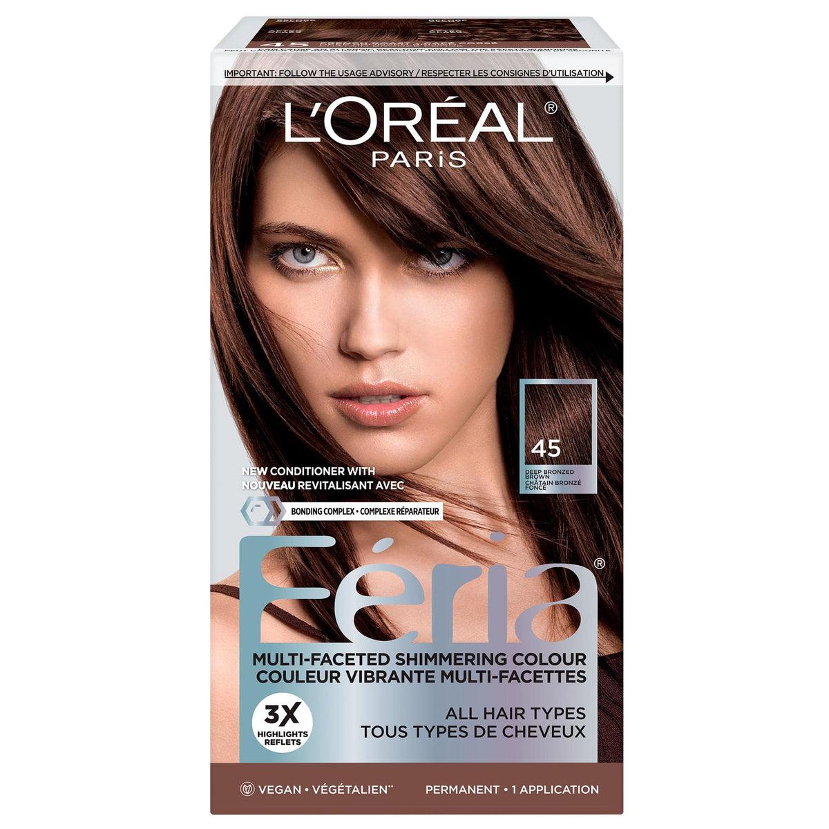 L'OREAL PARIS FERIA MULTI-FACETED SHIMMERING PERMANENT HAIR COLOR, 45 DEEP BRONZED BROWN, HAIR DYE WITH CONDITIONING OILS, PACK OF 1