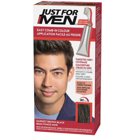 Just For Men Easy Comb-In Hair Color for Men, Easy No Mix Application with Comb Applicator - Darkest Brown-Black, A-50, Pack of 1
