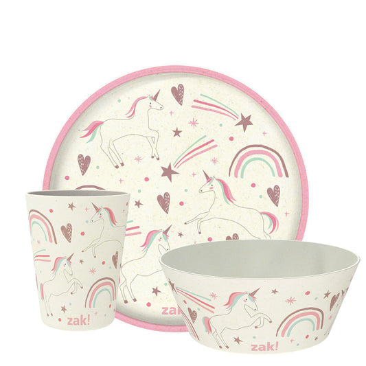 Zak Designs Kids Dinnerware Set 3 Pieces, Durable and Sustainable Melamine Bamboo Plate, Bowl, and Tumbler are Perfect for Dinner Time with Family (Fanciful Unicorn)