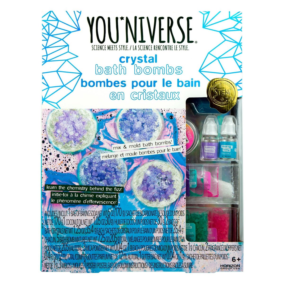 YOUniverse Crystal Bath Bombs, Mix & Make 3 Bath Bombs, DIY Bath Bombs, STEAM Kit for Kids, DIY Bath Bomb Kit