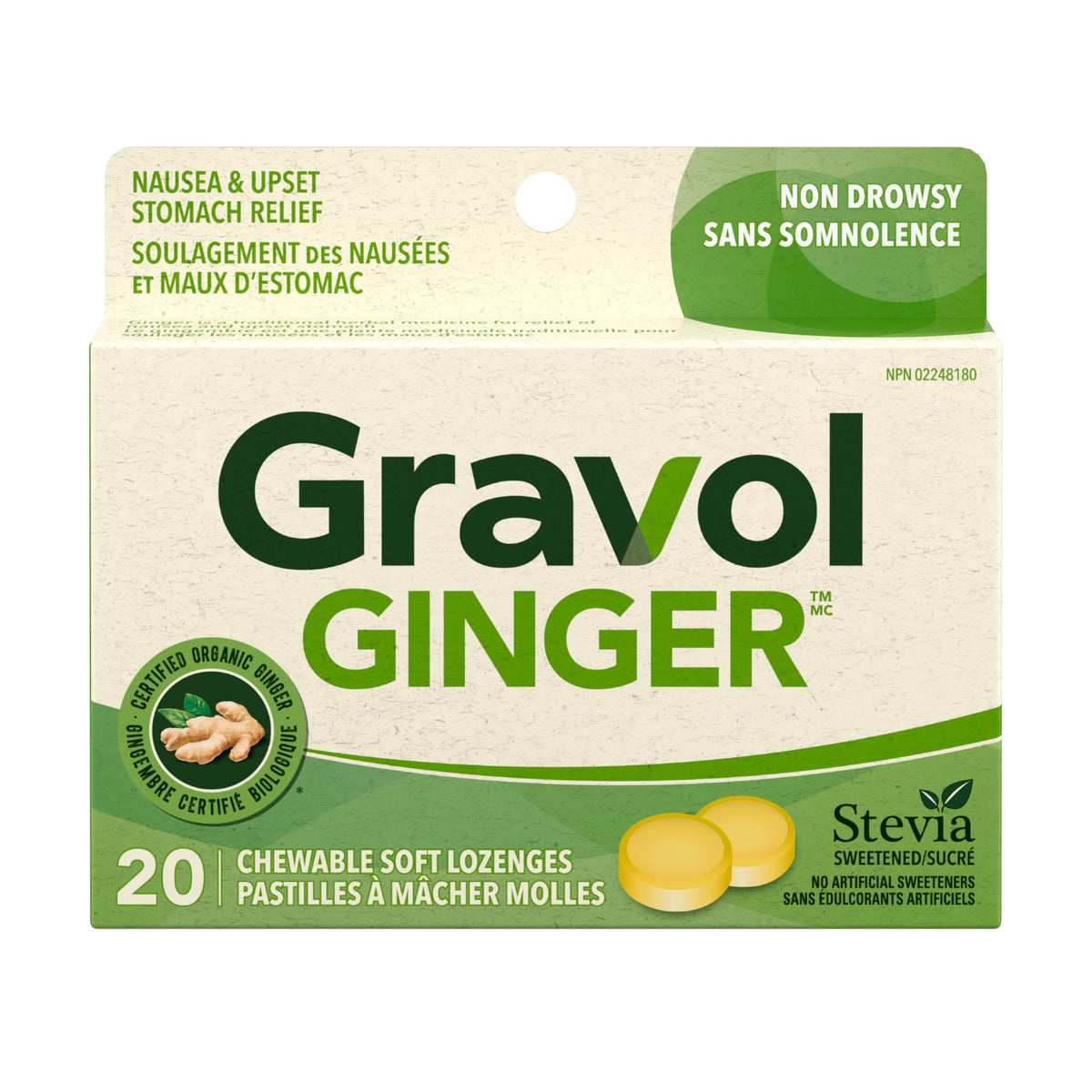 Gravol Ginger - Nausea & Upset Stomach Relief with Organic Ginger Extract - Chewable, Great Taste & Non-Drowsy - 20 Lozenges (Pack of 1)