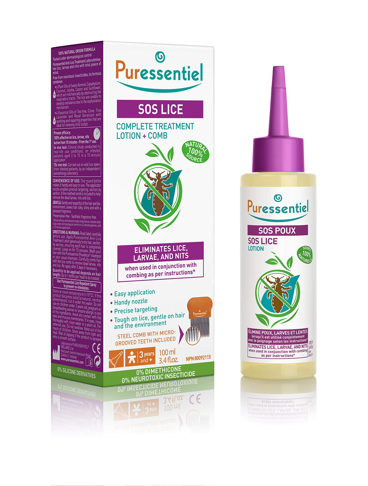 PURESSENTIEL - SOS Lice Complete Treatment Lotion + Comb - Eliminate lice, larvae and nits when used with combing - Precise targeting - Tested under dermatological control - 100% from natural - 100ml
