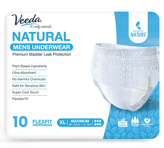 Veeda Natural Adult Incontinence Underwear for Men - Disposable Underwear for Bladder Leakage Protection - Adult Diapers for Men with Maximum Absorbency - X-Large Size - 10 Count
