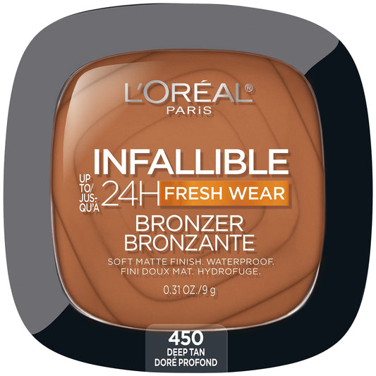 L’Oréal Paris Infallible Up to 24H Fresh Wear Bronzer, Longwear Soft Matte Finish, Waterproof & Heatproof, 450 Deep Tan, 0.31 oz