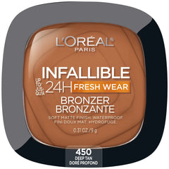 L’Oréal Paris Infallible Up to 24H Fresh Wear Bronzer, Longwear Soft Matte Finish, Waterproof & Heatproof, 450 Deep Tan, 0.31 oz