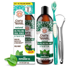 GuruNanda Starter Pulling Oil Mouthwash for Natural Teeth Whitening, Coconut and Peppermint Oil for Fresh Breath & Happy Gums, Alcohol-Free, 8 Oz