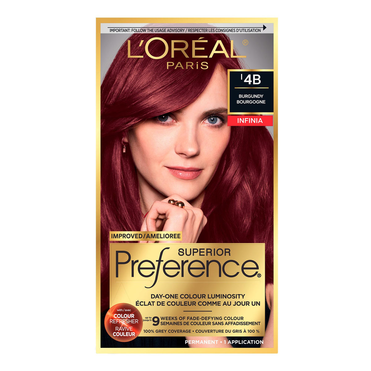 L'Oreal Paris Superieur Preference Infinia Permanent Hair Color, 4B Burgundy, 100% Grey Coverage, Hair Dye, with Colour Refresher, 1 EA