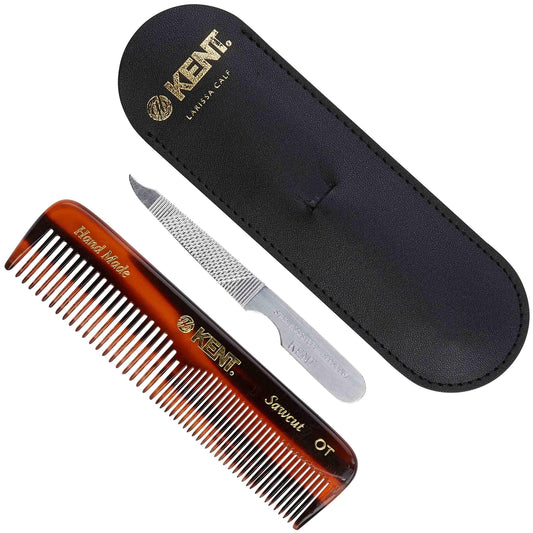 Kent K-Nu19 Comb, Coarse/Fine Tooth with Leather Case & Metal File (110mm/4.3in), 1 Count, brown