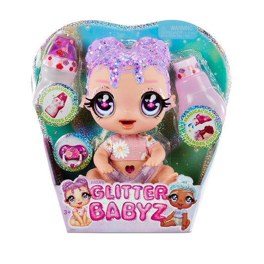 Glitter Babyz Lila Wildboom Baby Doll with 3 Magical Color Changes/Lavender Purple Hair Doll with Flowers on The Outfit and Reusable Diaper, Bottle and Pacifier, Multicolor