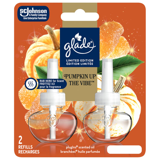 Glade Holiday PlugIns Air Freshener Oil Refill, Fall Scented and Essential Oils for Bathroom and Home Fragrance, Pumpkin up the Vibe™, 2 Refills (Packaging May Vary)
