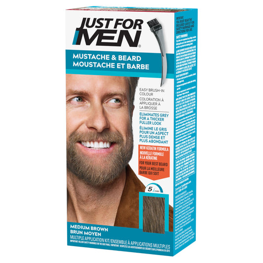 Just For Men Mustache & Beard, Beard Dye for Men with Brush Included for Easy Application, With Biotin Aloe and Coconut Oil for Healthy Facial Hair, Light Brown, M-25 (3 Count)