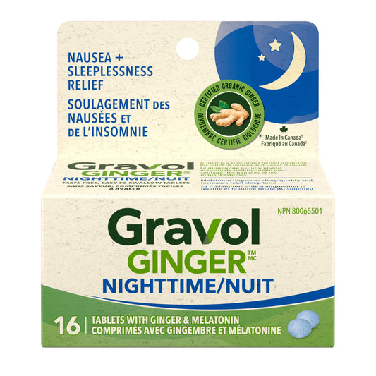 Gravol Ginger Nighttime Tablets - Made in Canada - Nausea & Sleeplessness Relief, with 20 mg Organic Ginger Extract & 3 mg Melatonin - 16 Tablets
