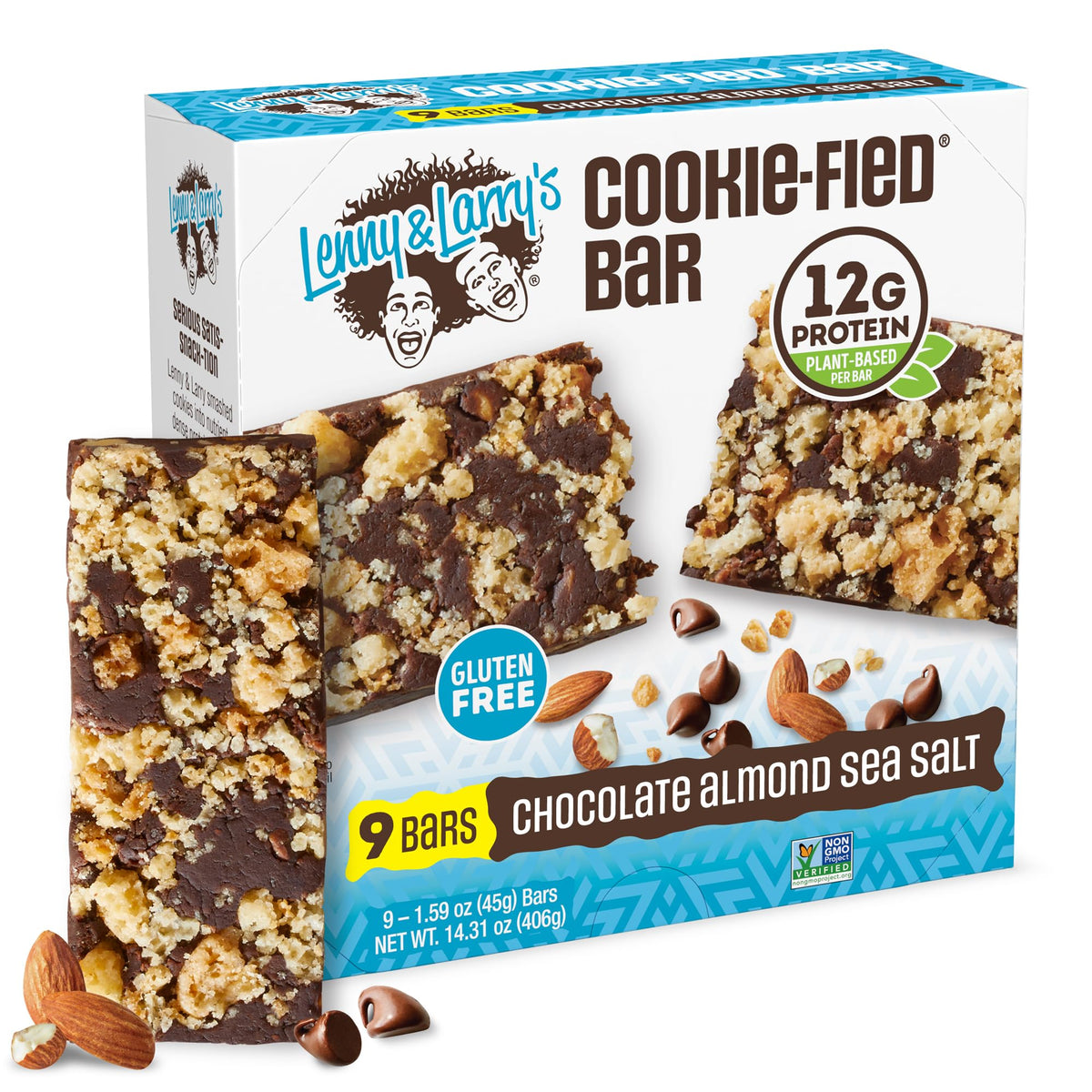 Lenny & Larry's The Complete Cookie-fied Bar, Plant-Based Protein Bar, Vegan and Non-GMO, Chocolate Almond Sea Salt, 45 g, 9 Count