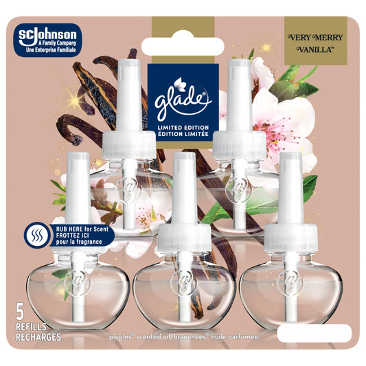 Glade Holiday PlugIns Air Freshener Oil Refill, Christmas Scented and Essential Oils for Home and Bathroom, Very Merry Vanilla™, 5 Refills (Packaging May Vary)