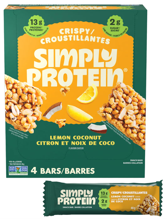 Simply Protein - Lemon Coconut Crispy Bars - Plant Based Protein Bars - Low Carb, Low Sugar, High Fibre - 13g Protein, 2g Sugar, 7g Fibre - Vegan, Gluten Free, Non GMO, Kosher - 4 Bars