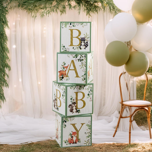 Kate Aspen Block Box (Set of 4) Woodland Baby, One Size, Shower Advice Card & Game (Set of 50), 28593NA