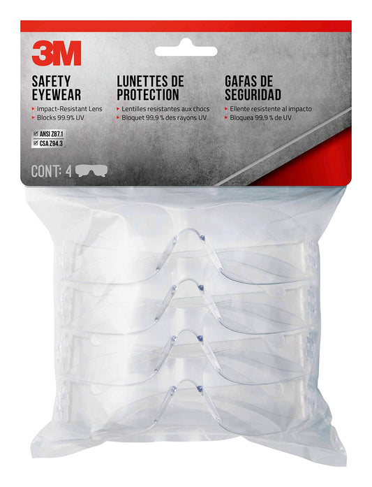 3M 90834-00000B Indoor Safety Eyewear, Clear Lens, Contractor Pack, 4-Pack, Scratch-Resistant Coating