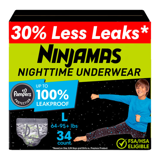 Ninjamas Pampers Nighttime Bedwetting Underwear Boys Size L (29-43+ kg) 34 Count (Packaging & Prints May Vary)