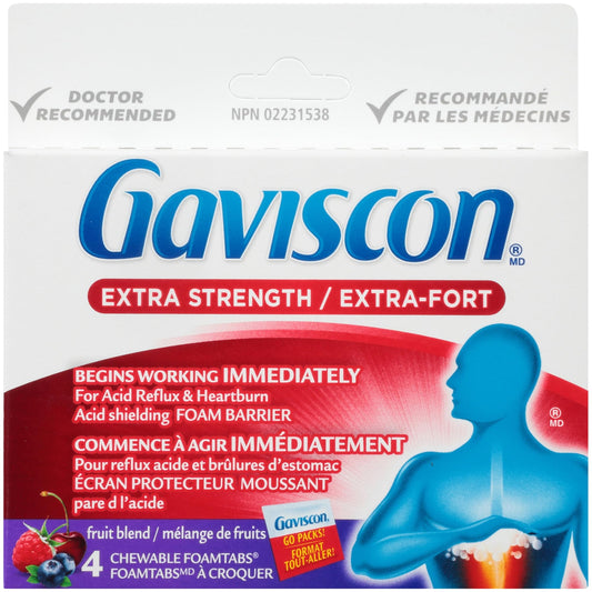Gaviscon Extra Strength Tablets - Fruit Blend, 4 Count - Chewable Foaming Antacid Tablets for Day and Night Heartburn Relief, Acid Reflux & GERD - Free from Aluminum, Lactose and Gluten