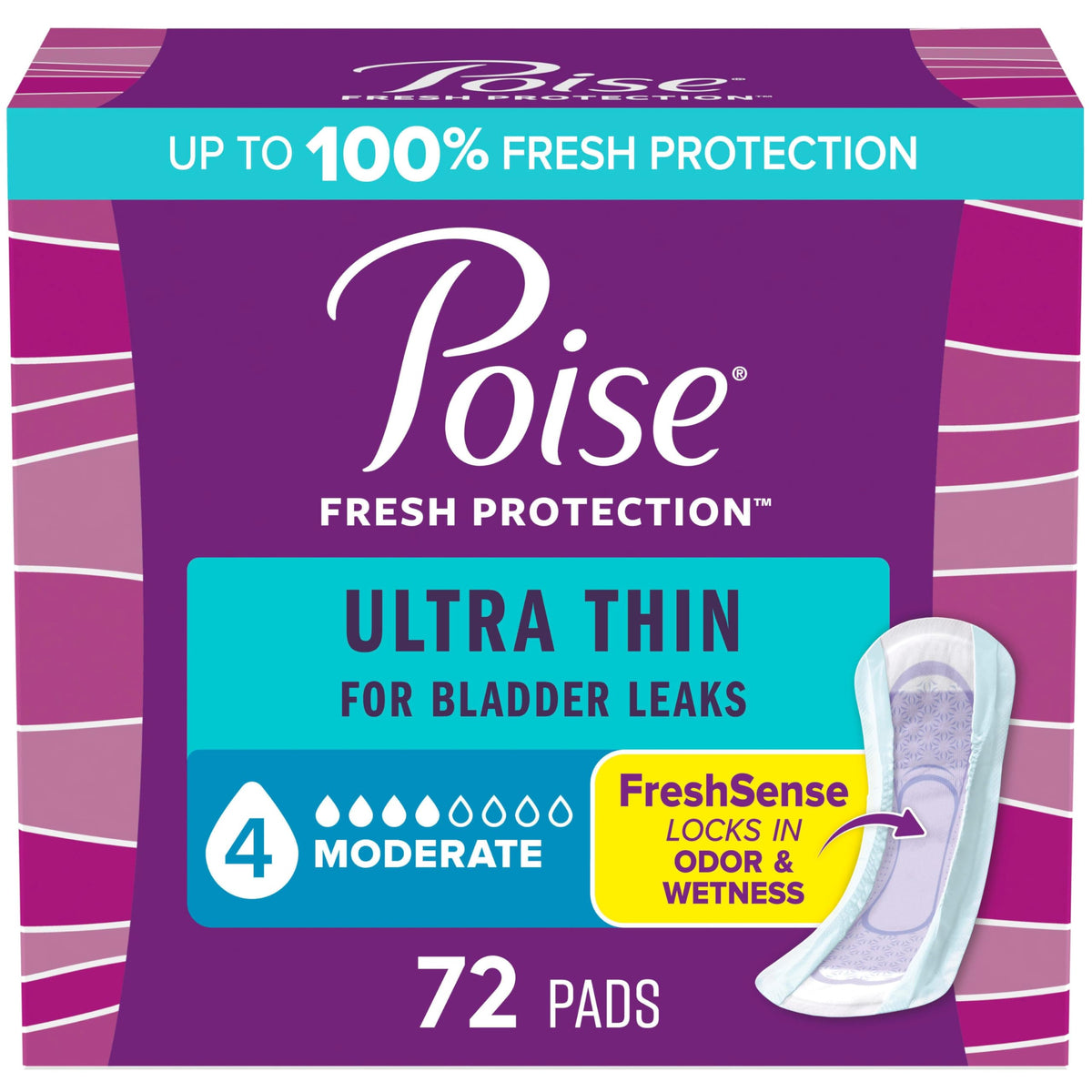 Poise Ultra Thin Incontinence Pads & Postpartum Incontinence Pads, 4 Drop Moderate Absorbency, Regular Length, 72 Count (4 Packs of 18)