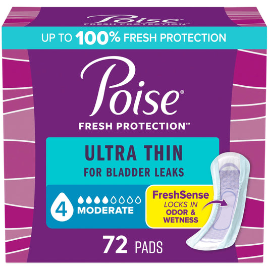 Poise Ultra Thin Incontinence Pads & Postpartum Incontinence Pads, 4 Drop Moderate Absorbency, Regular Length, 72 Count (4 Packs of 18)