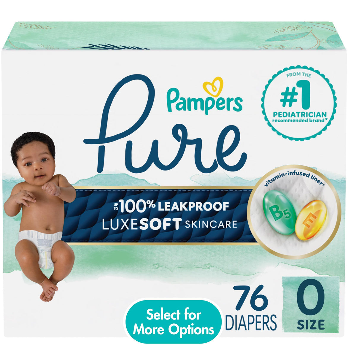 Pampers Pure Baby Diapers, Size 0, Up to 100% Leakproof, Premium Hypoallergenic Soft Diapers, 1 Pack (Count of 76)