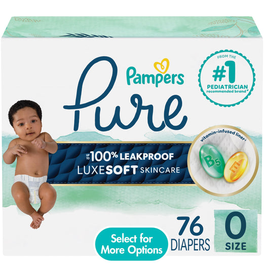Pampers Pure Baby Diapers, Size 0, Up to 100% Leakproof, Premium Hypoallergenic Soft Diapers, 1 Pack (Count of 76)