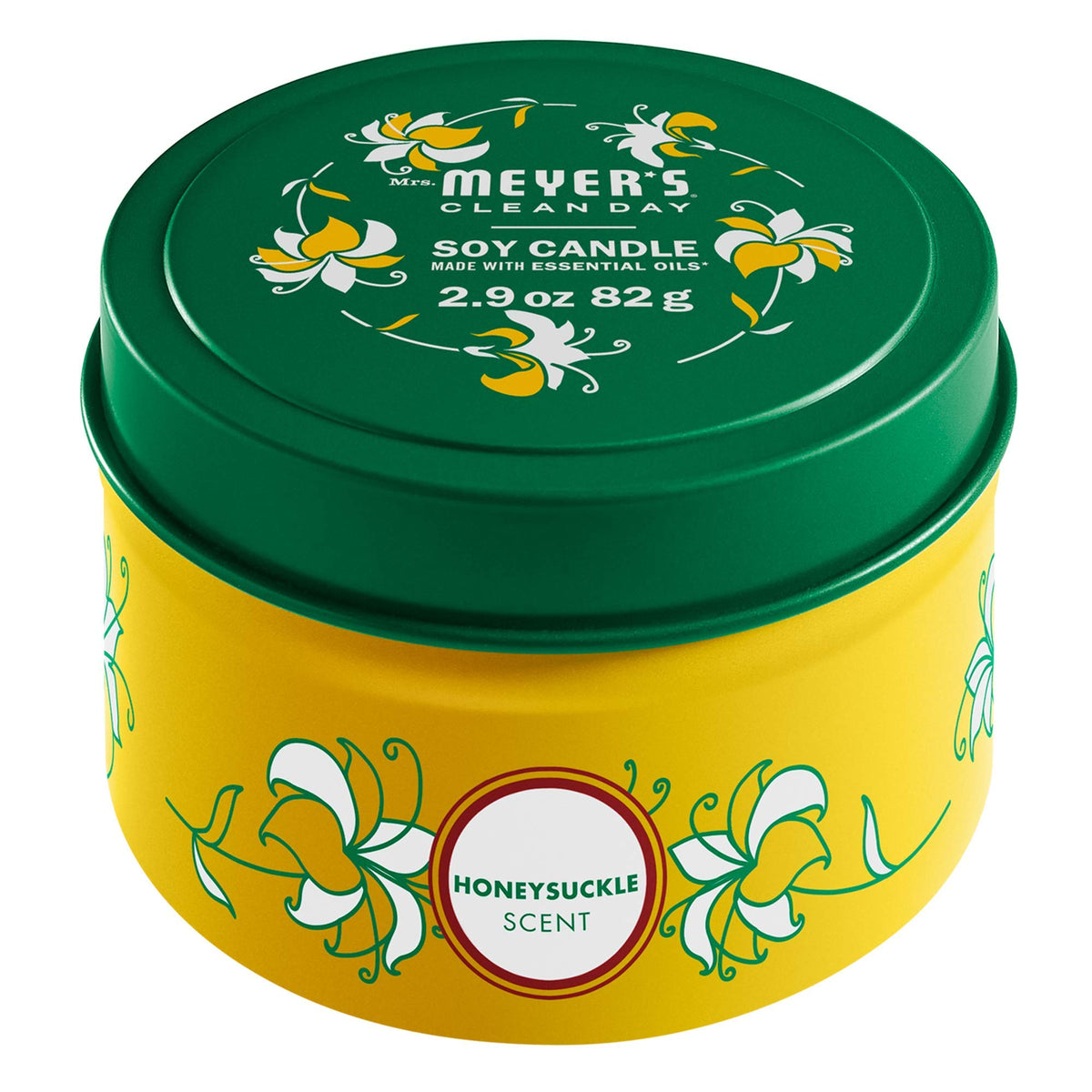 Mrs. Meyer's Clean Day Scented Soy Tin Candle, 12 Hour Burn Time, Made with Soy Wax and Essential Oils, Honeysuckle, 82g Scented Candle