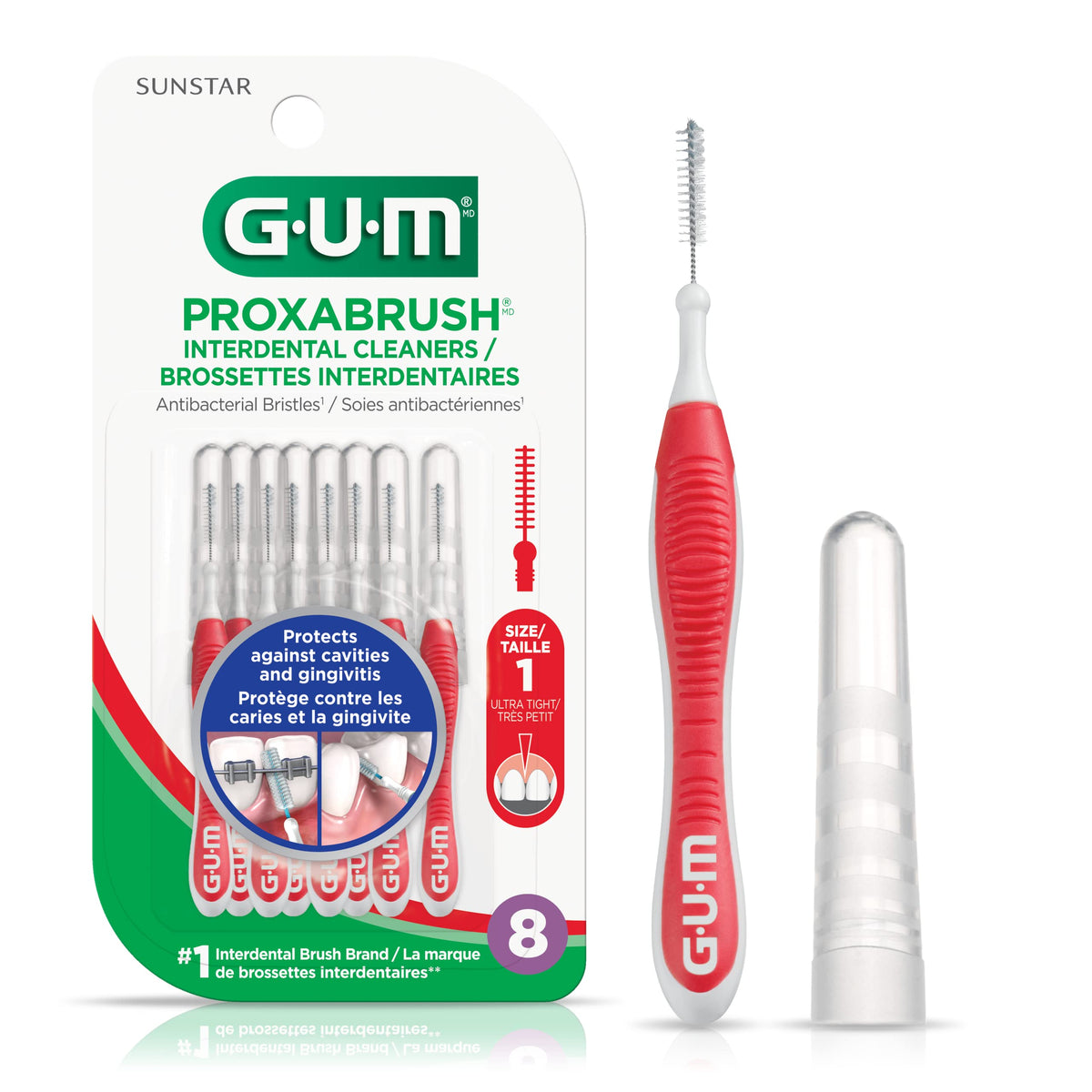 GUM Proxabrush® Reusable Interdental Cleaners, Antibacterial Bristles, Protective Travel Cap, 1314N, Red, Size 1, Ultra Tight, 8 Count