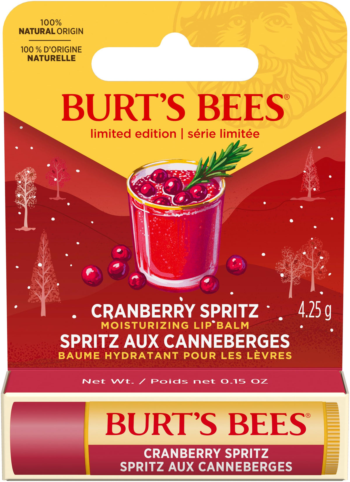 Burt’s Bees Moisturizing Lip Balm, 100% Natural Origin, Cranberry Spritz, 1 Tube in Blister Box, 4.25g , Christmas Gifts, Stocking Stuffer
