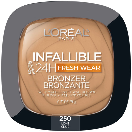 L’Oréal Paris Infallible Up to 24H Fresh Wear Bronzer, Longwear Soft Matte Finish, Waterproof & Heatproof, 250 Light, 0.31 oz