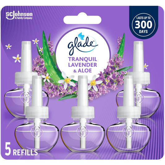 Glade PlugIns Air Freshener Oil Refill, Scented and Essential Oils for Home and Bathroom, Tranquil Lavender & Aloe, 5 Refills