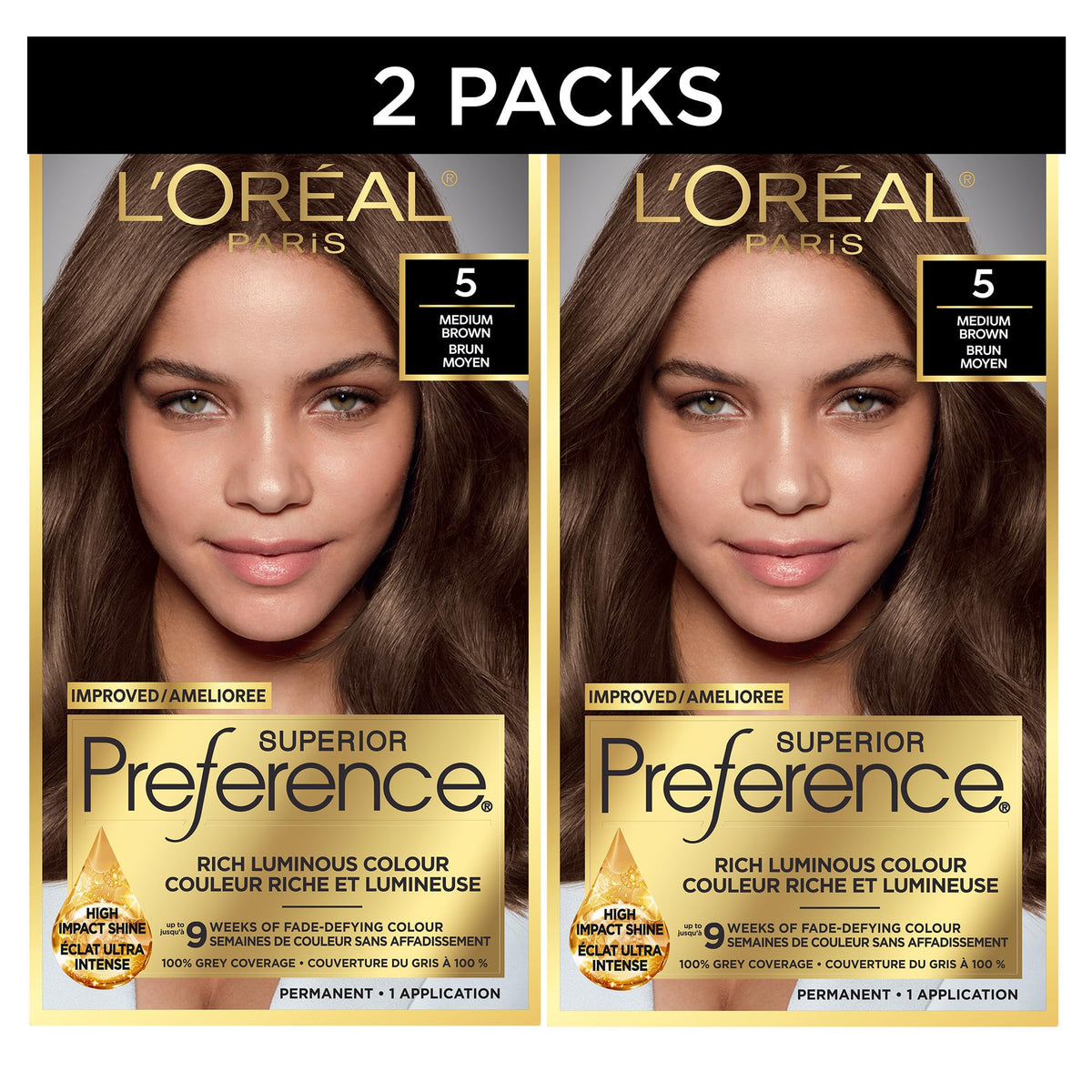 L'Oreal Paris Superior Preference Hair Dye, Hair Color for Women, 5 Medium Brown Hair Dye, Permanent Hair Color, 100% Grey Coverage, 9 weeks of Luminous Fade-Defying, 1 Hair Dye Kit (Pack of 2) (Packaging May Vary)