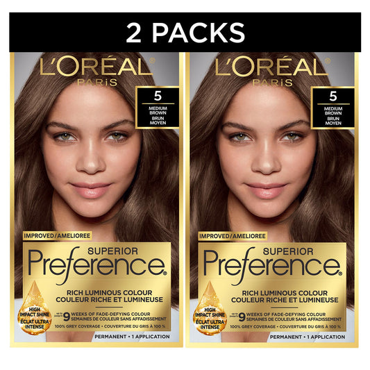 L'Oreal Paris Superior Preference Hair Dye, Hair Color for Women, 5 Medium Brown Hair Dye, Permanent Hair Color, 100% Grey Coverage, 9 weeks of Luminous Fade-Defying, 1 Hair Dye Kit (Pack of 2) (Packaging May Vary)