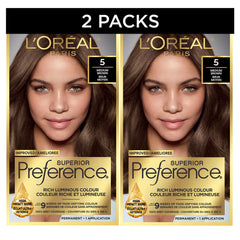 L'Oreal Paris Superior Preference Hair Dye, Hair Color for Women, 5 Medium Brown Hair Dye, Permanent Hair Color, 100% Grey Coverage, 9 weeks of Fade-Defying, 2 Kit (Packaging May Vary)