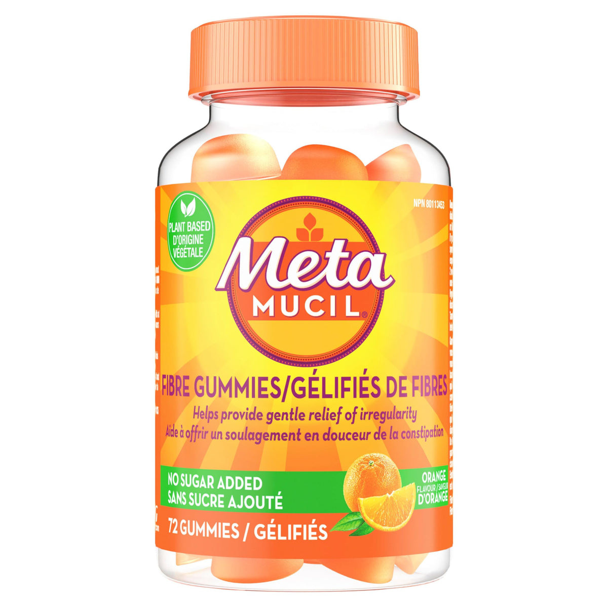 Metamucil Fibre Gummies, No Sugar Added, Daily Supplement, Prebiotic Plant-Based Fibre Blend, Orange Flavour, 72 Gummies