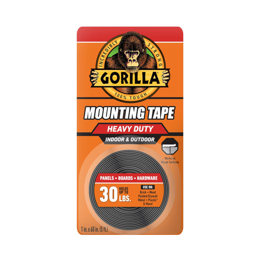 Gorilla Heavy Duty Double Sided Mounting Tape, Hanging, Instant 30lb Strong Hold, Permanent Bond, Weatherproof, 1 in x 60 in, Black, (Pack of 1)