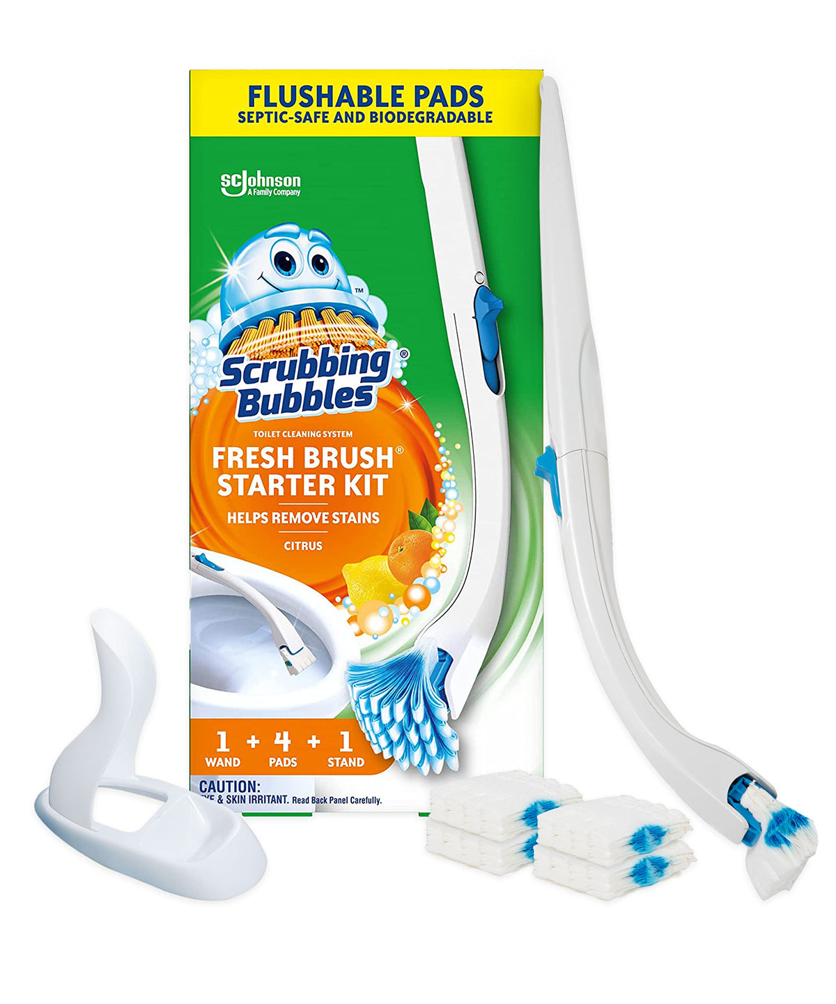 Scrubbing Bubbles Toilet Bowl Brush and Holder with Cleaner Refill Pads, Fresh Brush Toilet Wand Starter Kit, Cleans Limescale & Fights Odors, Citrus Scent, 1 Wand + 4 Refills + 1 Stand