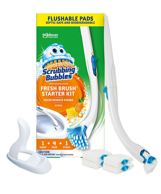 Scrubbing Bubbles Toilet Bowl Brush and Holder with Cleaner Refill Pads, Fresh Brush Toilet Wand Starter Kit, Cleans Limescale & Fights Odors, Citrus Scent, 1 Wand + 4 Refills + 1 Stand