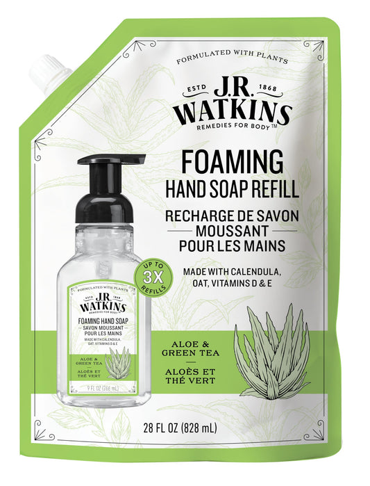 J.R. Watkins Aloe and Green Tea Foaming Hand Soap Refill Pouch, Scented Foam Handsoap for Bathroom or Kitchen, USA Made and Cruelty Free, 828 Milliliters