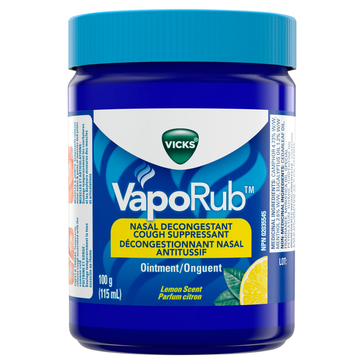 Vicks VapoRub Nasal Decongestant, Cough Suppressant, Relief from Cold, Aches, & Pains, Chest Rub Ointment, Lemon scent, 100 g/115 mL