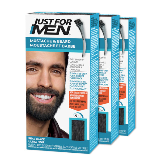 Just For Men Mustache & Beard, Beard Dye for Men with Brush Included for Easy Application, With Biotin Aloe and Coconut Oil for Healthy Facial Hair, Real Black, M-55 (3 Count)